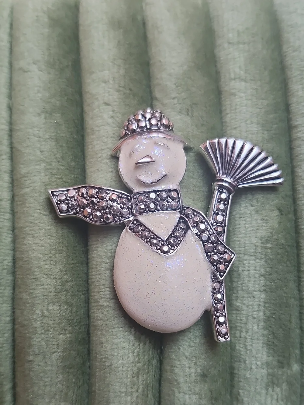 Vintage Silver-Tone Snowman Brooch with White Enamel & Marcasite Accents